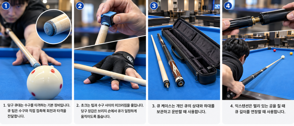 당구 큐대·큐 팁·초크·장갑·큐 케이스·익스텐션 사용법