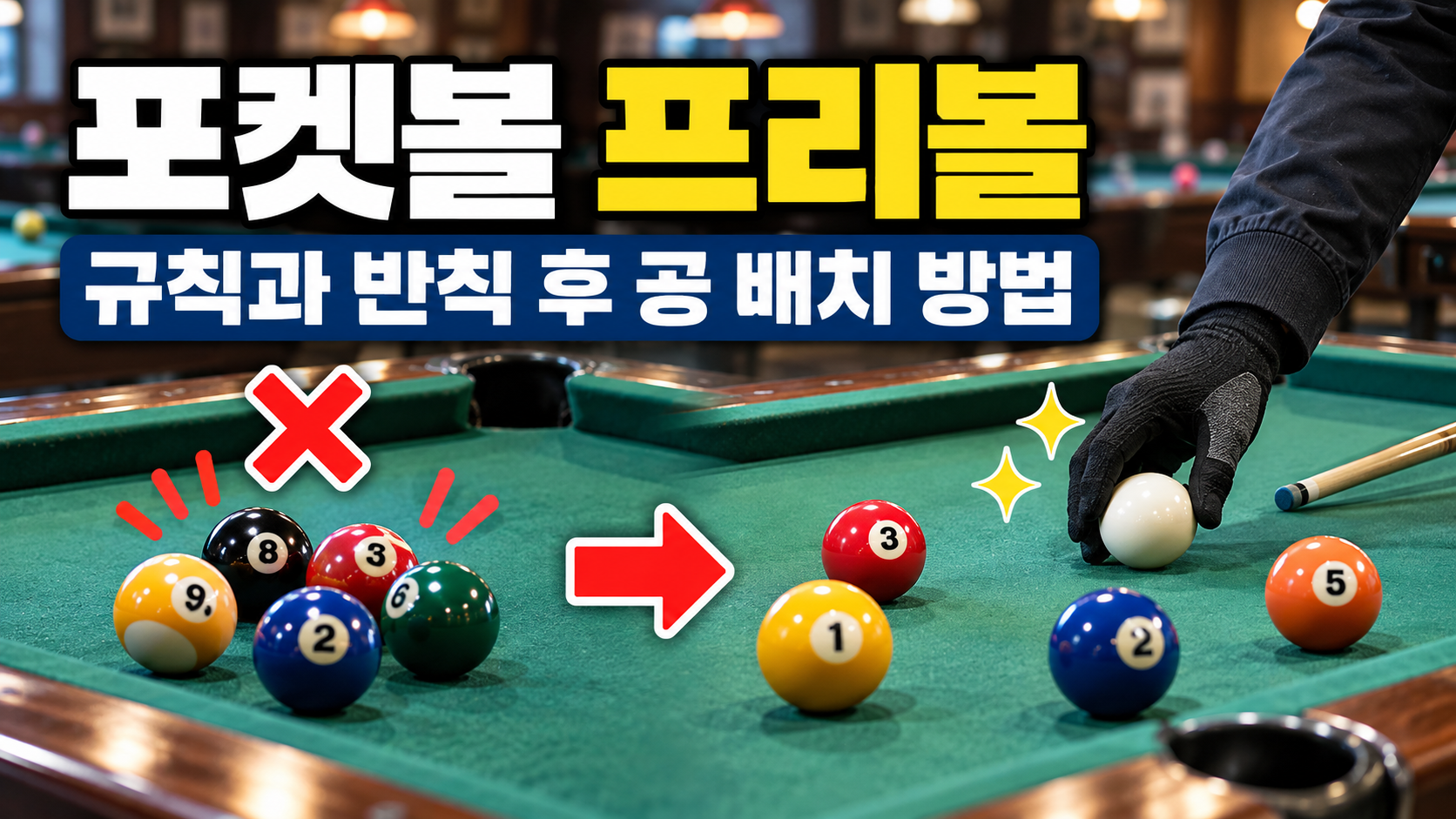 포켓볼 반칙 후 프리볼 상황과 흰 공 배치 방법